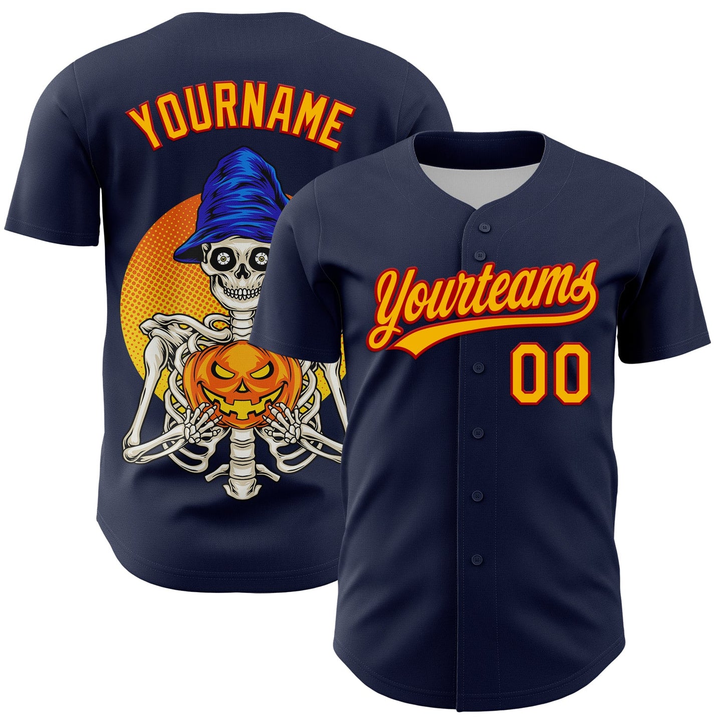 Custom Navy Gold-Red 3D Halloween Authentic Baseball Jersey - Sky-Custom