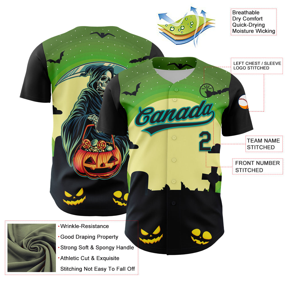 Custom Green Black-Aqua 3D Halloween Authentic Baseball Jersey - Sky-Custom