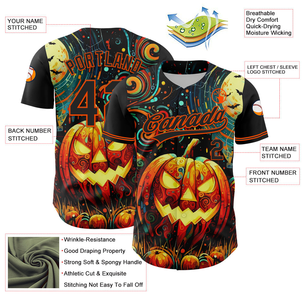 Custom Black Orange 3D Halloween Authentic Baseball Jersey - Sky-Custom