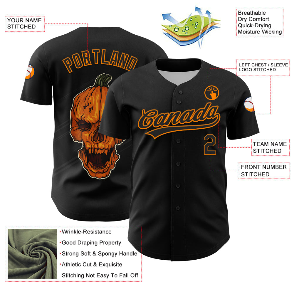 Custom Black Bay Orange 3D Halloween Authentic Baseball Jersey - Sky-Custom