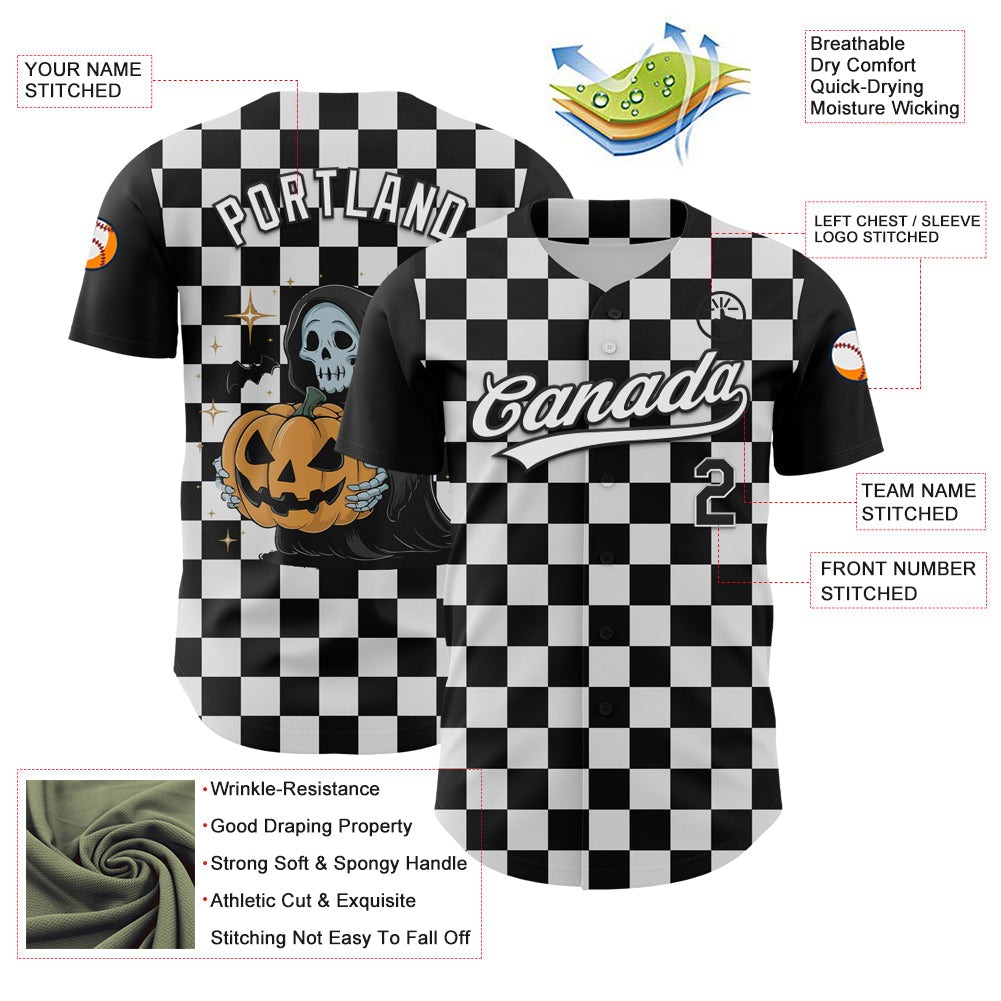 Custom Black White 3D Halloween Authentic Baseball Jersey - Sky-Custom