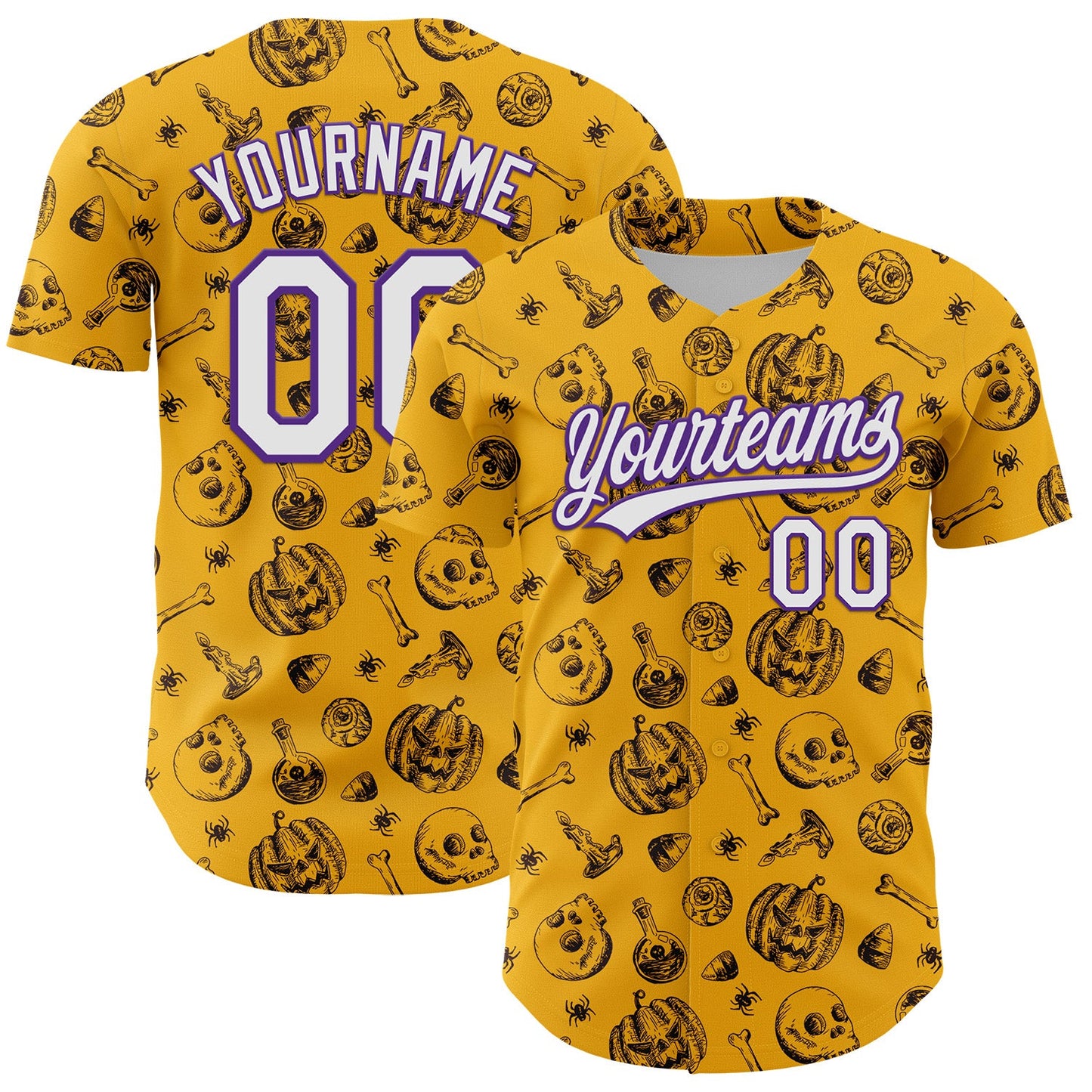 Custom Gold White-Purple 3D Halloween Authentic Baseball Jersey - Sky-Custom
