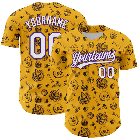 Custom Gold White-Purple 3D Halloween Authentic Baseball Jersey - Sky-Custom