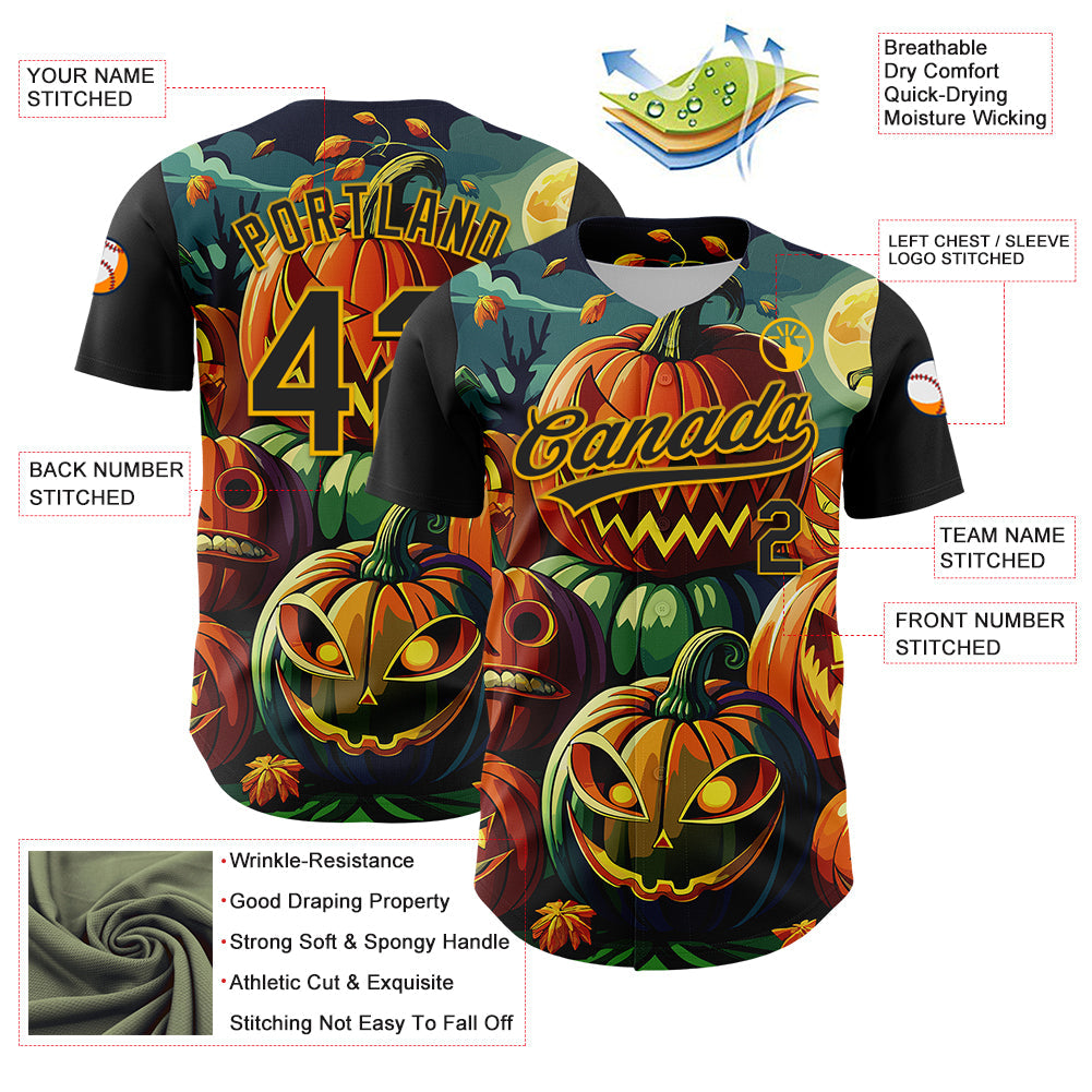 Custom Black Gold 3D Halloween Authentic Baseball Jersey - Sky-Custom
