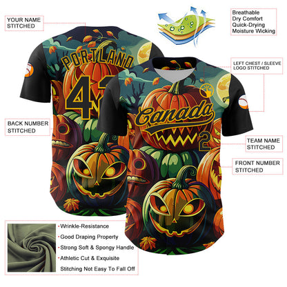 Custom Black Gold 3D Halloween Authentic Baseball Jersey - Sky-Custom