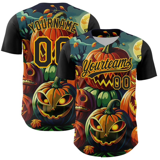 Custom Black Gold 3D Halloween Authentic Baseball Jersey - Sky-Custom