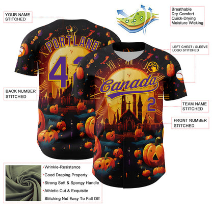Custom Black Purple-Yellow 3D Halloween Authentic Baseball Jersey - Sky-Custom