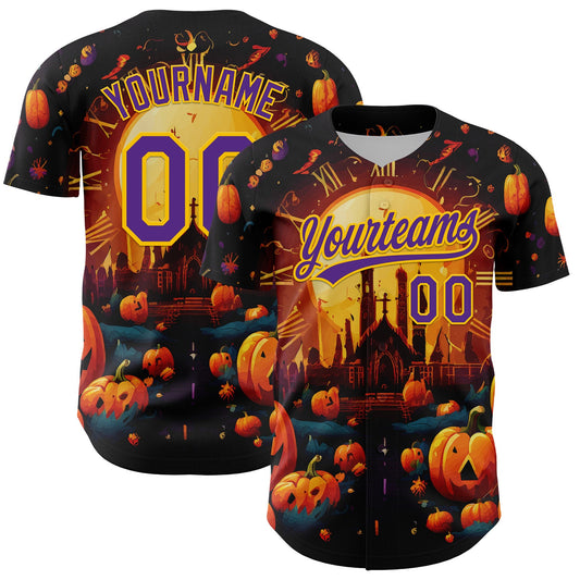 Custom Black Purple-Yellow 3D Halloween Authentic Baseball Jersey - Sky-Custom
