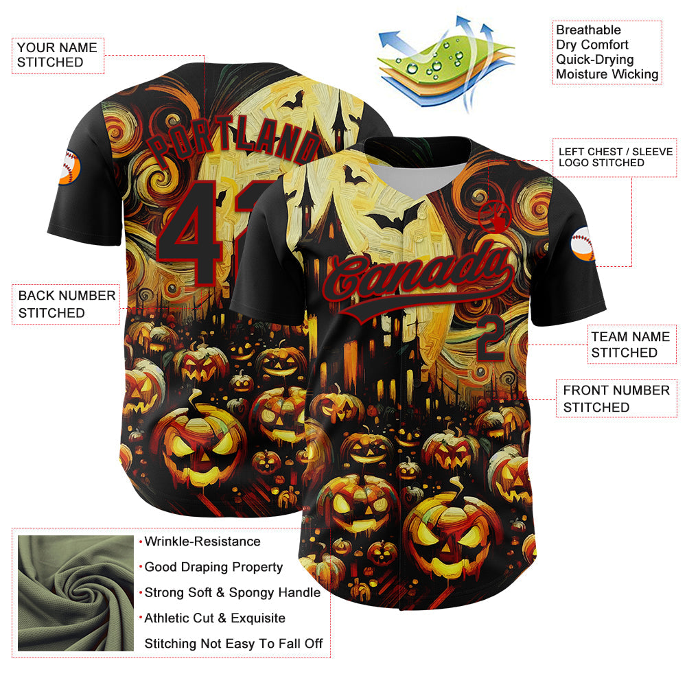Custom Black Red 3D Halloween Authentic Baseball Jersey - Sky-Custom