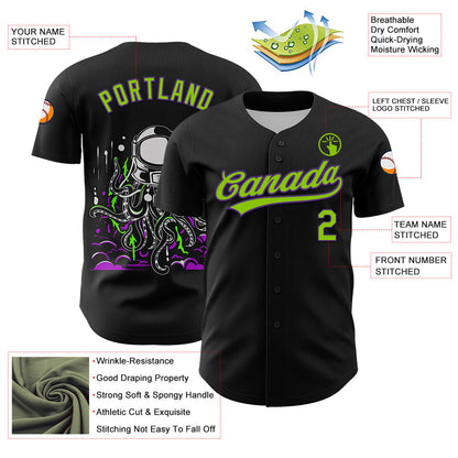 Custom Black Neon Green-Purple 3D Halloween Authentic Baseball Jersey - Sky-Custom