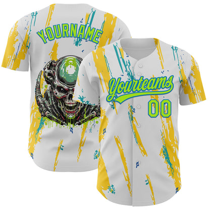 Custom White Neon Green-Blue 3D Halloween Authentic Baseball Jersey - Sky-Custom