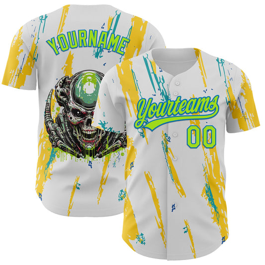 Custom White Neon Green-Blue 3D Halloween Authentic Baseball Jersey - Sky-Custom