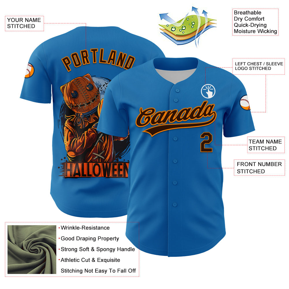 Custom Blue Brown-Bay Orange 3D Halloween Authentic Baseball Jersey - Sky-Custom