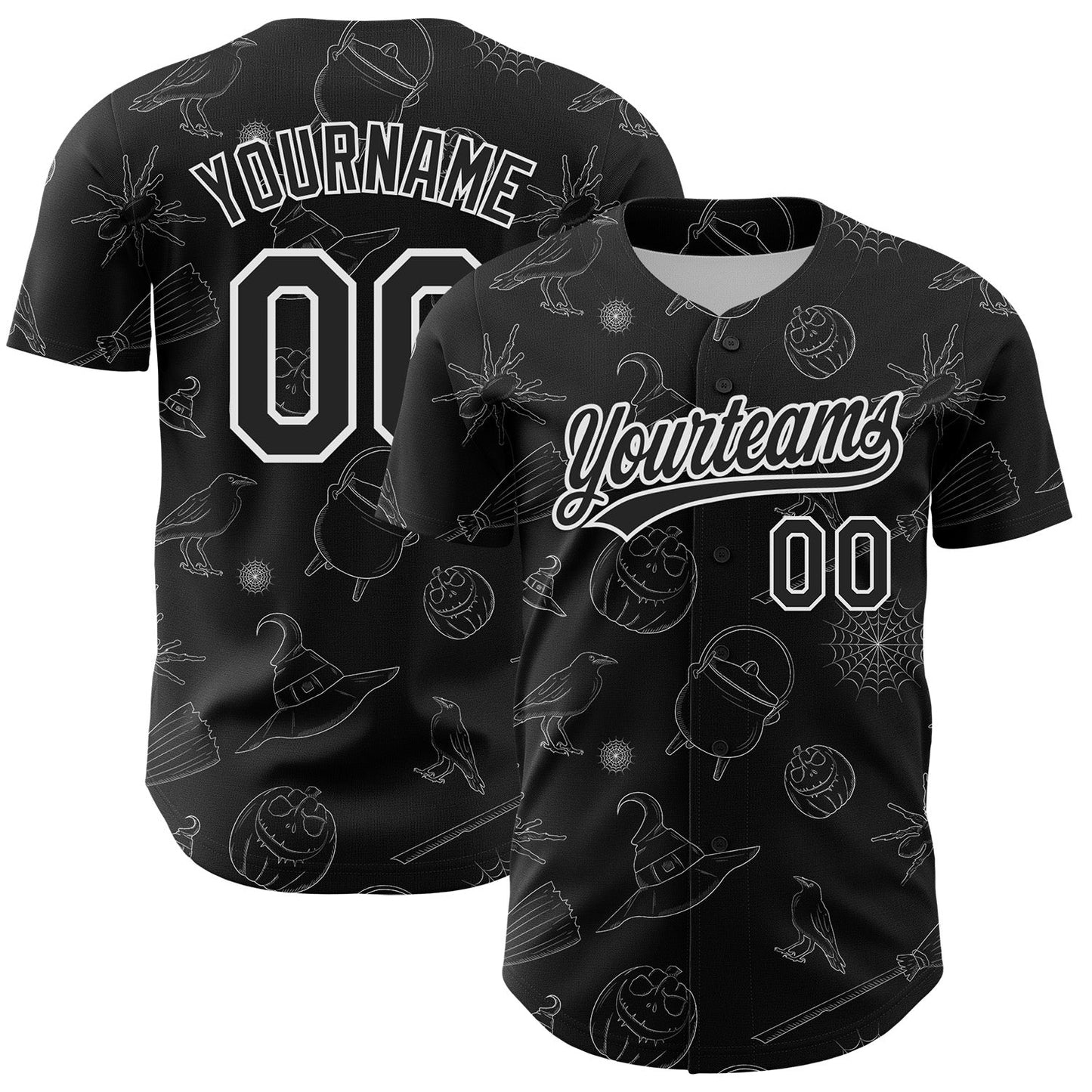 Custom Black White 3D Halloween Authentic Baseball Jersey - Sky-Custom