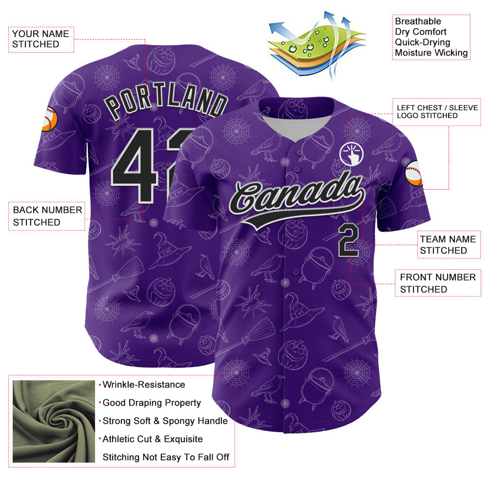 Custom Purple Black-White 3D Halloween Authentic Baseball Jersey - Sky-Custom