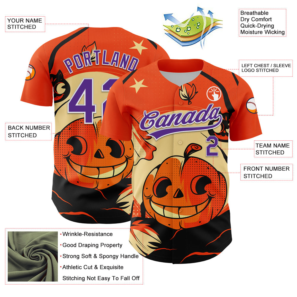 Custom Orange Purple-White 3D Halloween Authentic Baseball Jersey - Sky-Custom