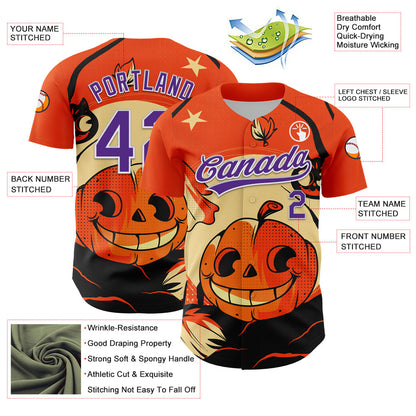 Custom Orange Purple-White 3D Halloween Authentic Baseball Jersey - Sky-Custom