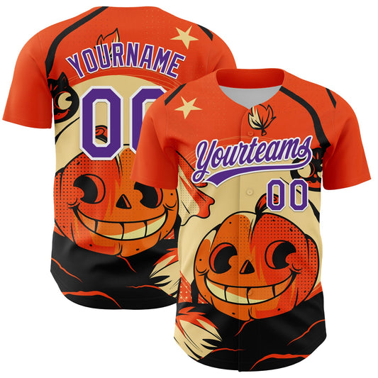 Custom Orange Purple-White 3D Halloween Authentic Baseball Jersey - Sky-Custom