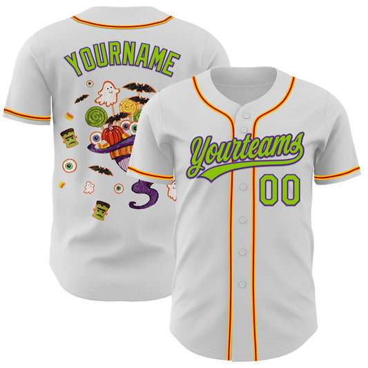 Custom White Neon Green Purple Gold-Red 3D Halloween Authentic Baseball Jersey - Sky-Custom