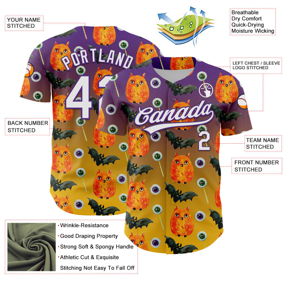 Custom Purple White-Yellow 3D Halloween Authentic Baseball Jersey - Sky-Custom