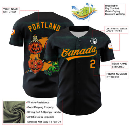 Custom Black Bay Orange-Green 3D Halloween Authentic Baseball Jersey - Sky-Custom