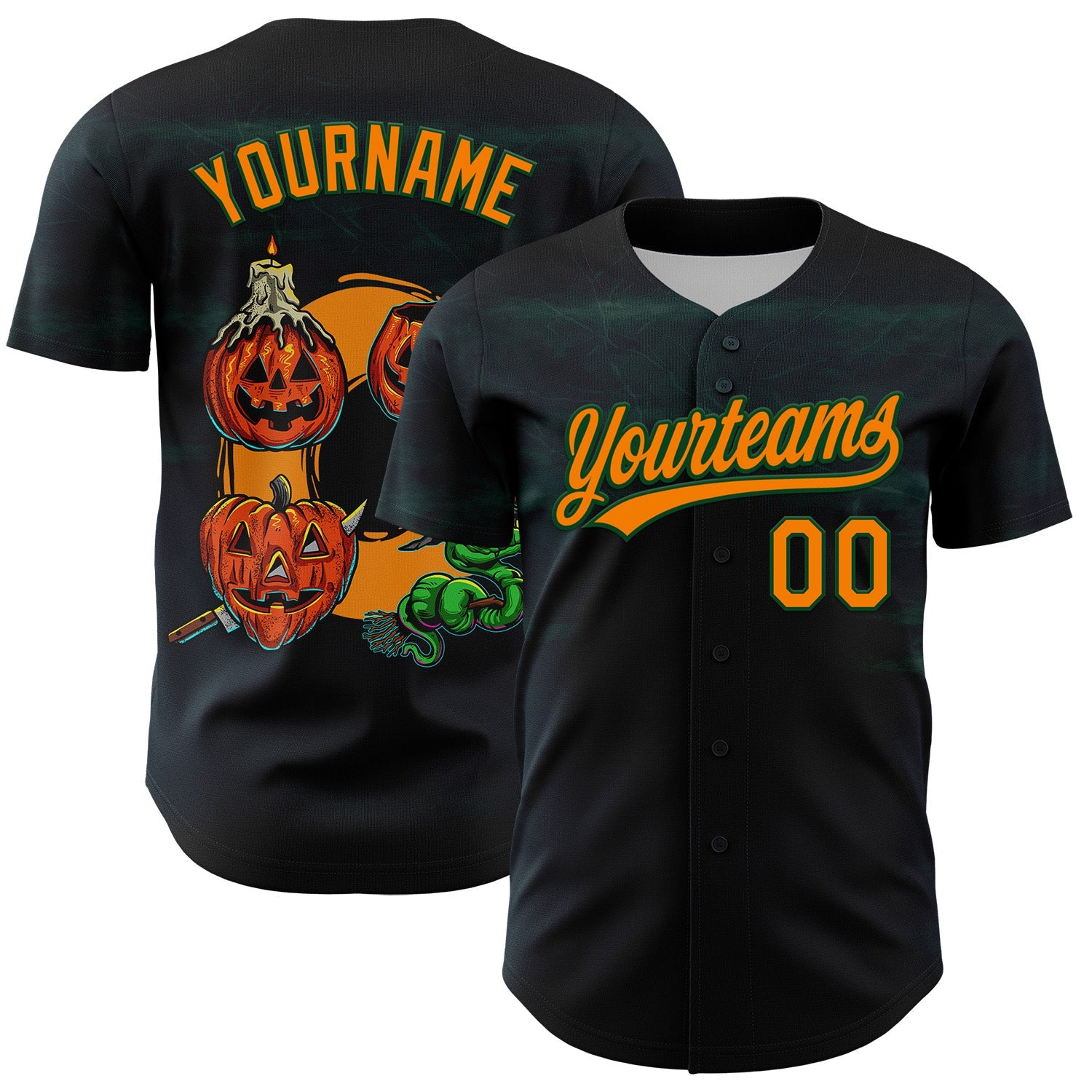 Custom Black Bay Orange-Green 3D Halloween Authentic Baseball Jersey - Sky-Custom