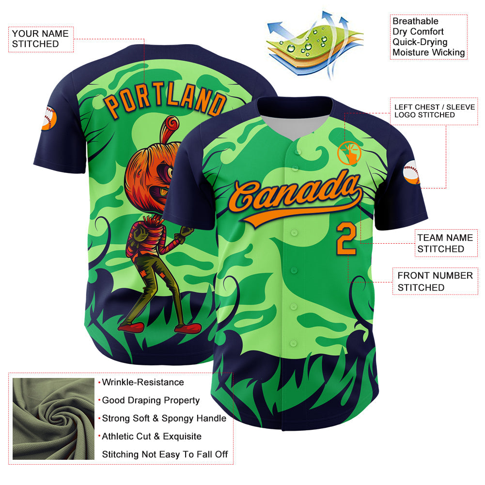 Custom Neon Green Bay Orange-Navy 3D Halloween Authentic Baseball Jersey - Sky-Custom