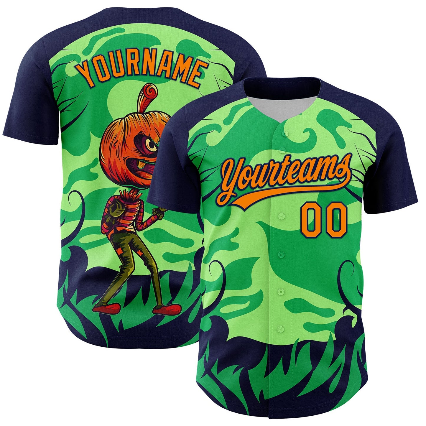 Custom Neon Green Bay Orange-Navy 3D Halloween Authentic Baseball Jersey - Sky-Custom