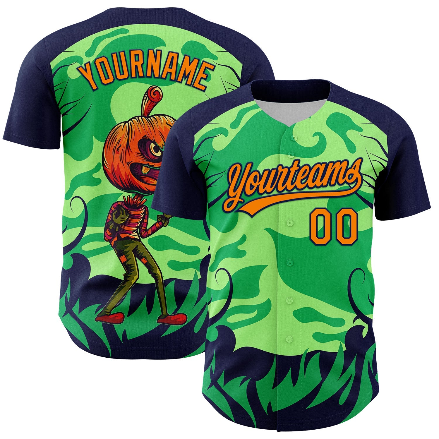 Custom Neon Green Bay Orange-Navy 3D Halloween Authentic Baseball Jersey - Sky-Custom