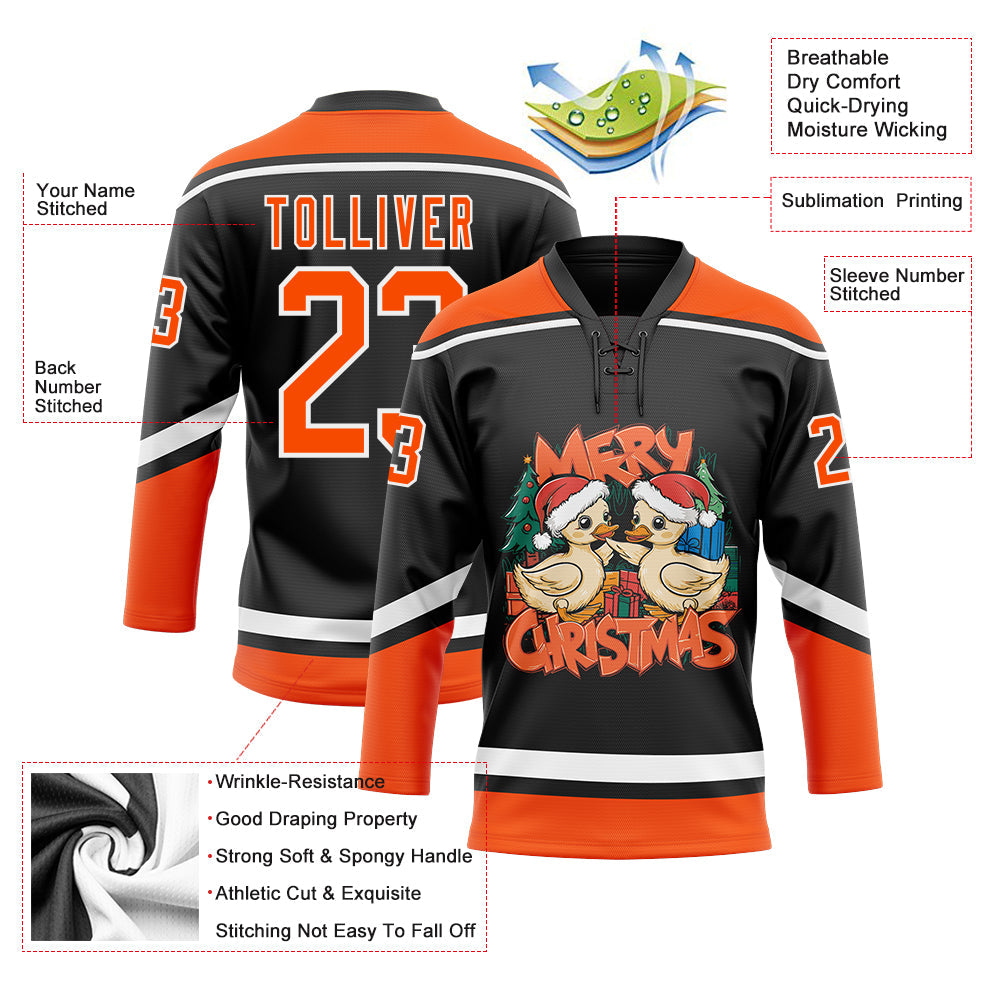 Custom Black Orange-White Funny Christmas 3D Hockey Lace Neck Jersey - Sky-Custom