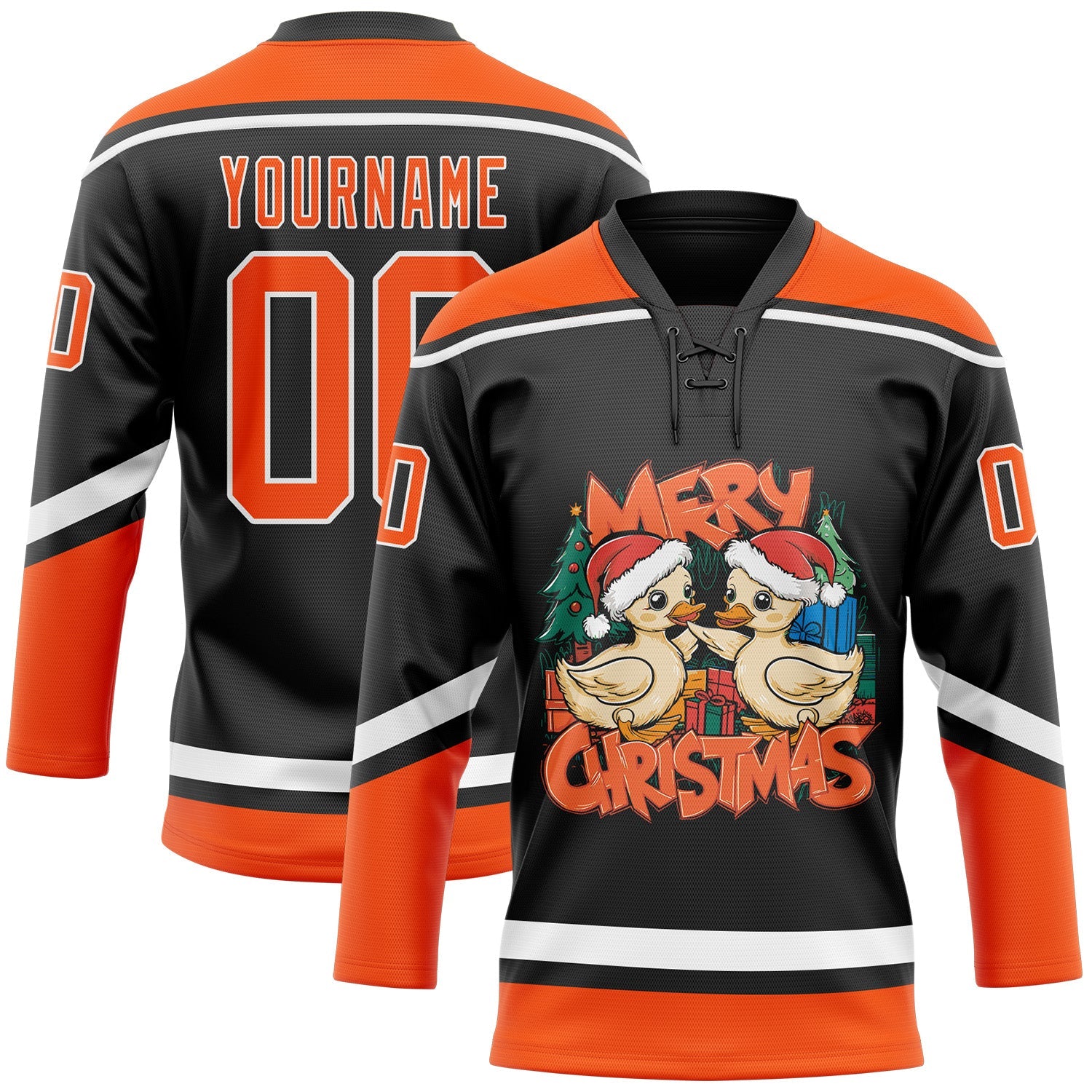 Custom Black Orange-White Funny Christmas 3D Hockey Lace Neck Jersey - Sky-Custom