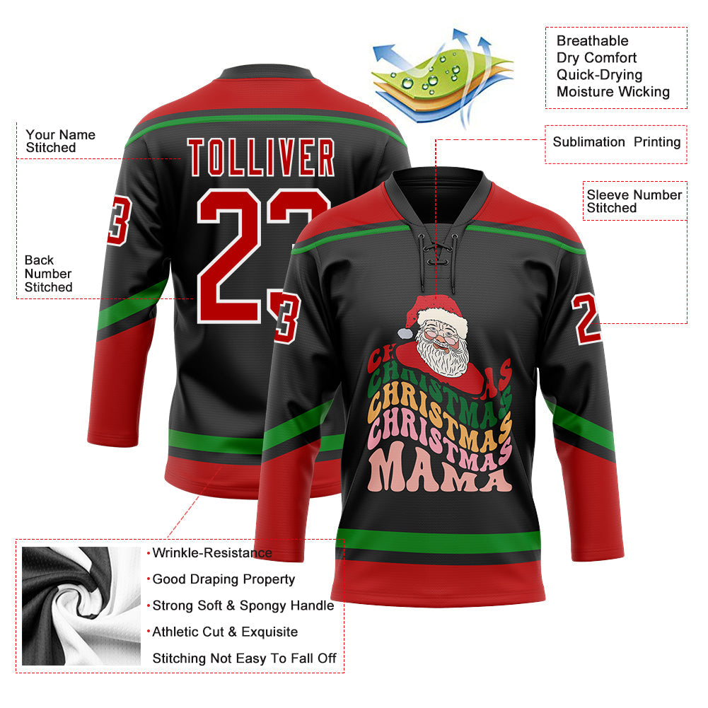 Custom Black Red-Grass Green Funny Christmas 3D Hockey Lace Neck Jersey - Sky-Custom