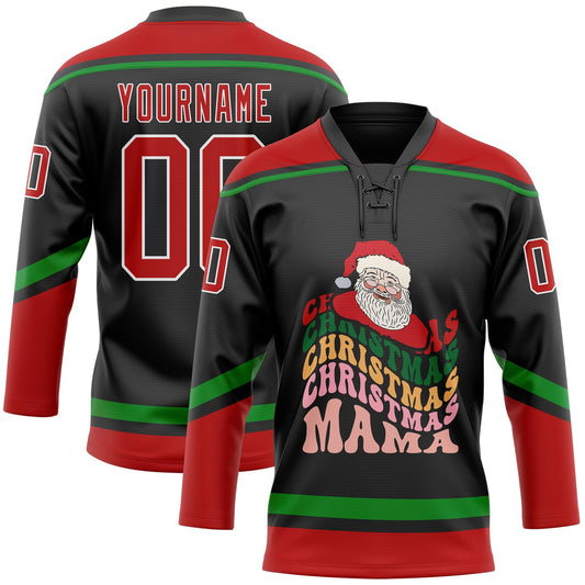 Custom Black Red-Grass Green Funny Christmas 3D Hockey Lace Neck Jersey - Sky-Custom