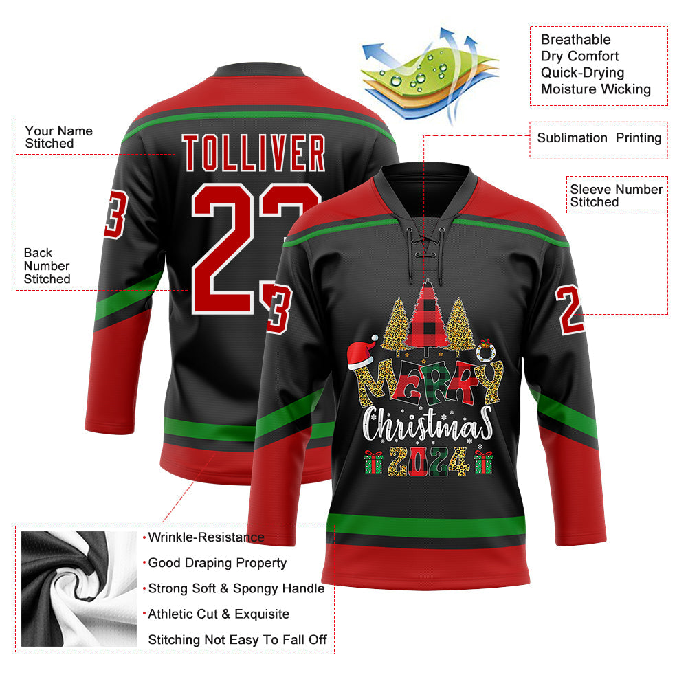 Custom Black Red-Grass Green Funny Christmas 3D Hockey Lace Neck Jersey - Sky-Custom