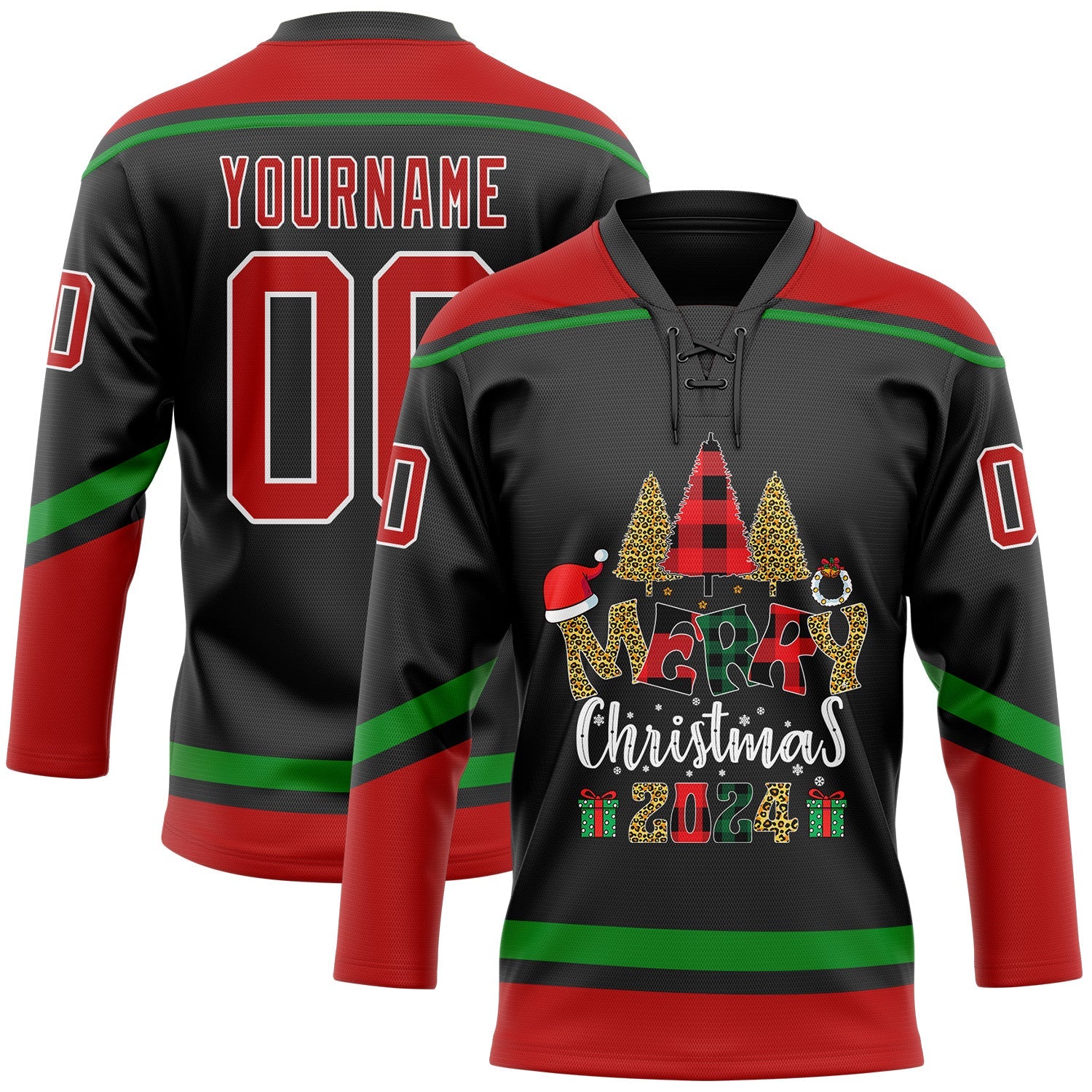 Custom Black Red-Grass Green Funny Christmas 3D Hockey Lace Neck Jersey - Sky-Custom