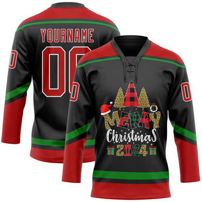 Custom Black Red-Grass Green Funny Christmas 3D Hockey Lace Neck Jersey - Sky-Custom