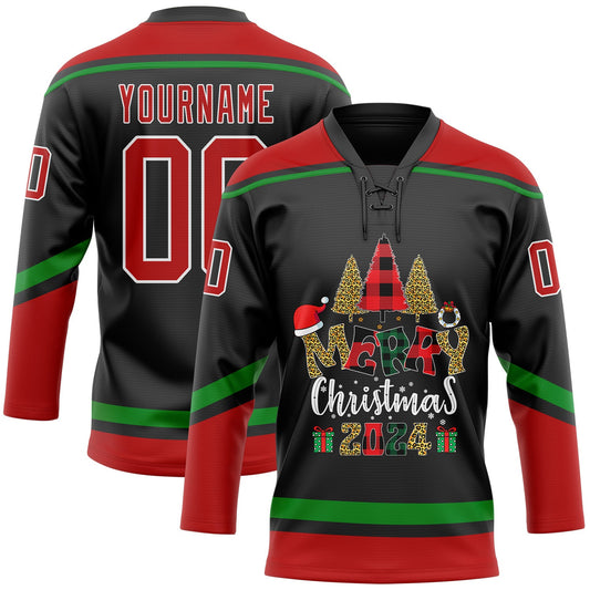 Custom Black Red-Grass Green Funny Christmas 3D Hockey Lace Neck Jersey - Sky-Custom