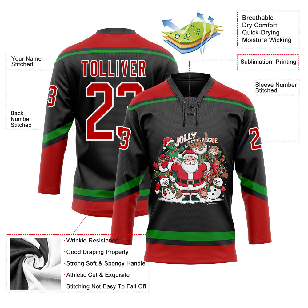 Custom Black Red-Grass Green Funny Christmas 3D Hockey Lace Neck Jersey - Sky-Custom
