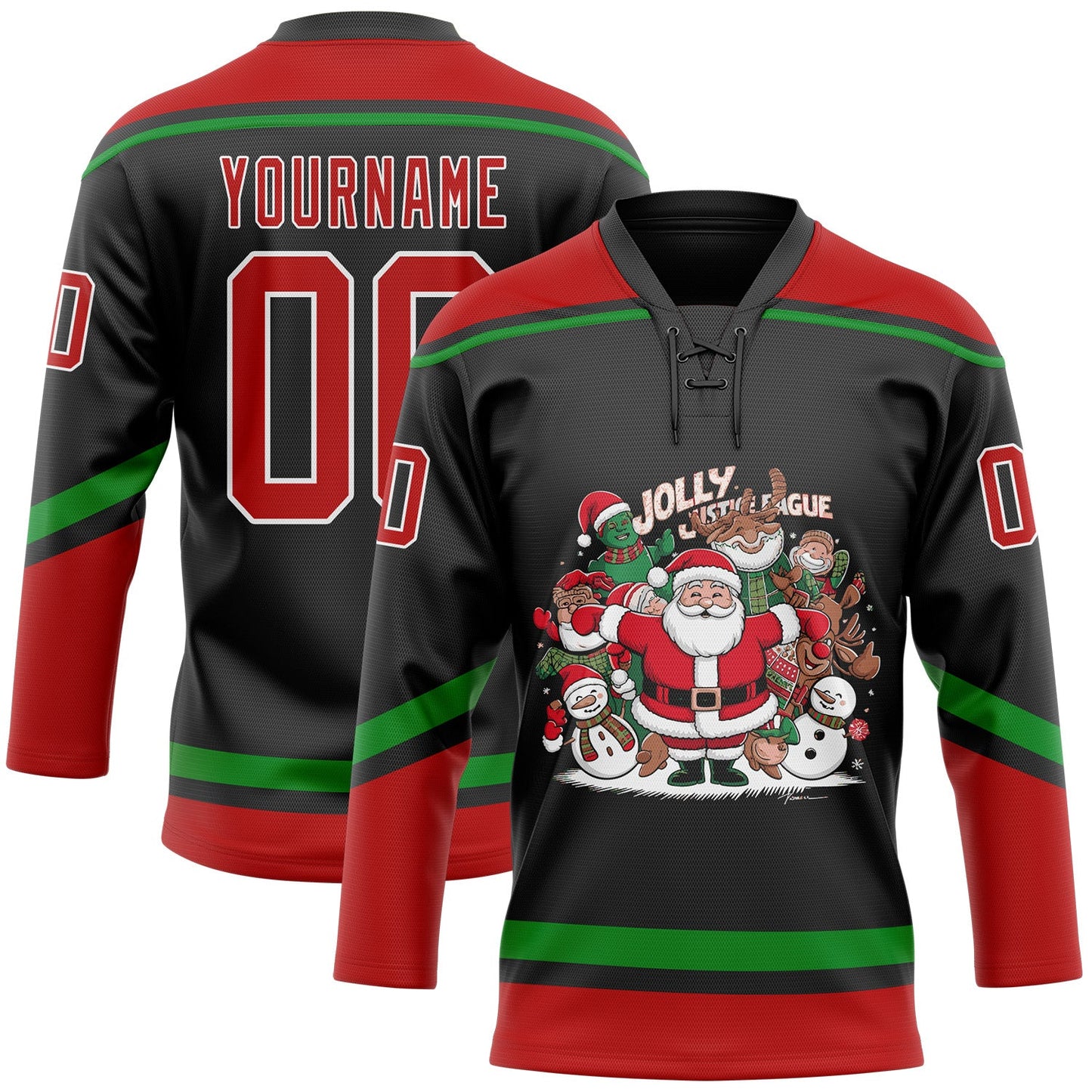 Custom Black Red-Grass Green Funny Christmas 3D Hockey Lace Neck Jersey - Sky-Custom