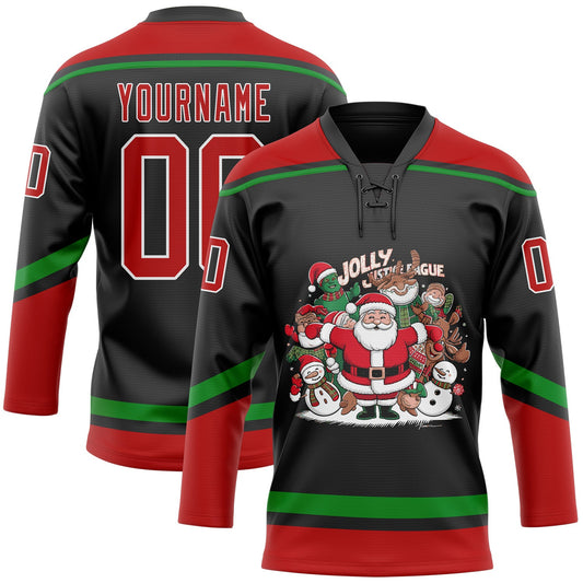 Custom Black Red-Grass Green Funny Christmas 3D Hockey Lace Neck Jersey - Sky-Custom