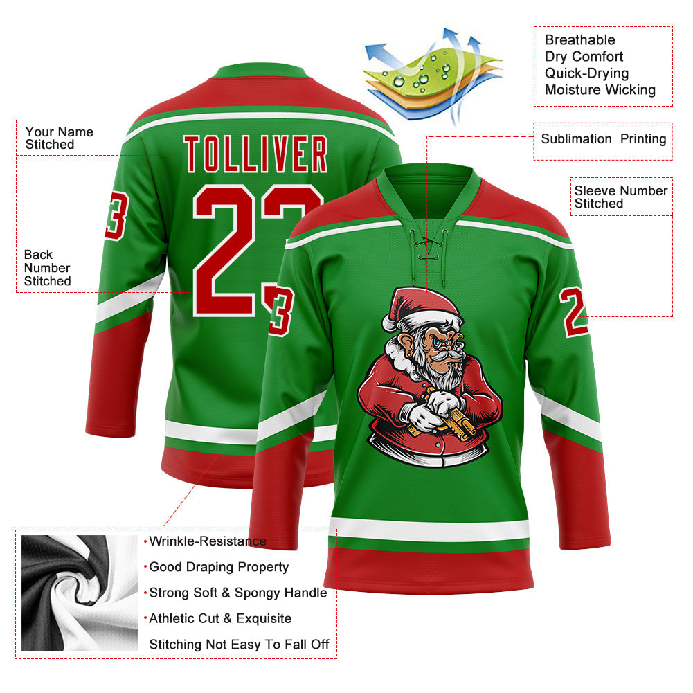 Custom Grass Green Red-White Funny Christmas 3D Hockey Lace Neck Jersey - Sky-Custom