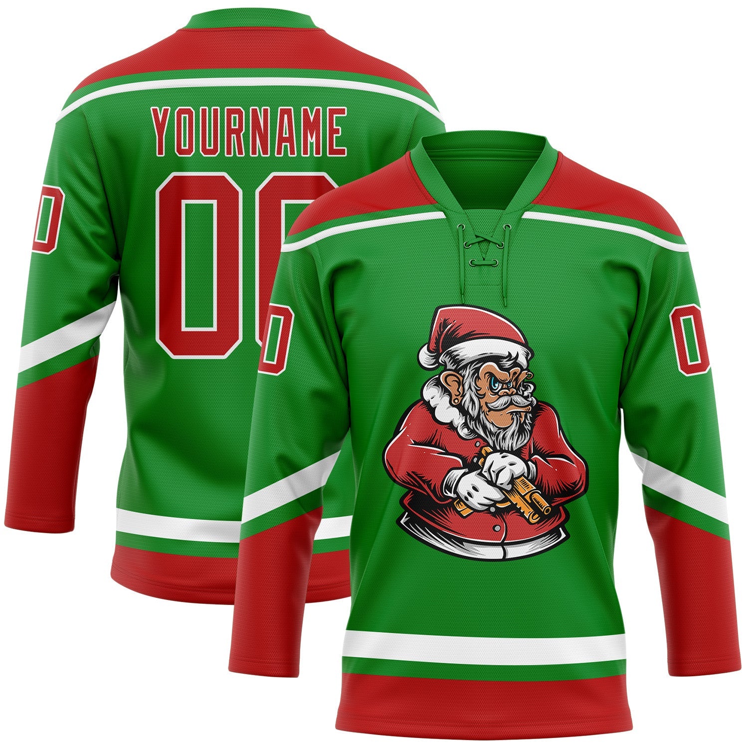 Custom Grass Green Red-White Funny Christmas 3D Hockey Lace Neck Jersey - Sky-Custom