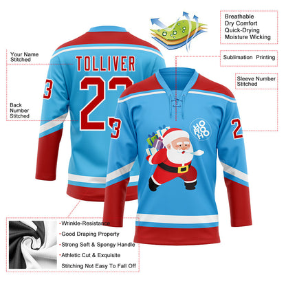 Custom Sky Blue Red-White Funny Christmas 3D Hockey Lace Neck Jersey - Sky-Custom