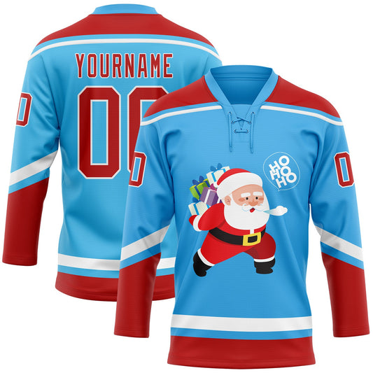 Custom Sky Blue Red-White Funny Christmas 3D Hockey Lace Neck Jersey - Sky-Custom