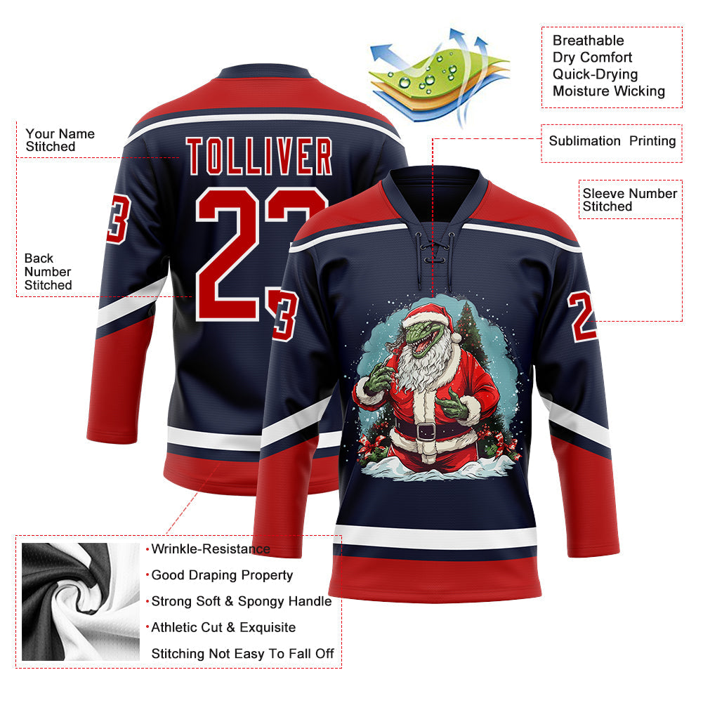 Custom Navy Red-White Funny Christmas 3D Hockey Lace Neck Jersey - Sky-Custom