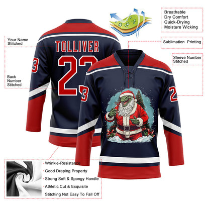 Custom Navy Red-White Funny Christmas 3D Hockey Lace Neck Jersey - Sky-Custom