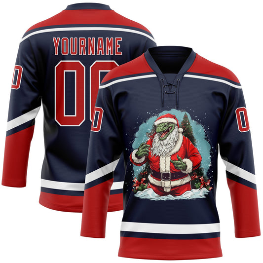Custom Navy Red-White Funny Christmas 3D Hockey Lace Neck Jersey - Sky-Custom