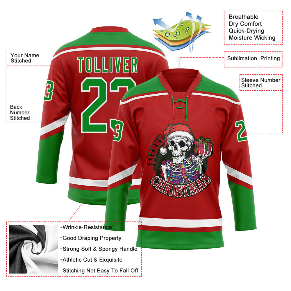 Custom Red Grass Green-White Funny Christmas 3D Hockey Lace Neck Jersey - Sky-Custom
