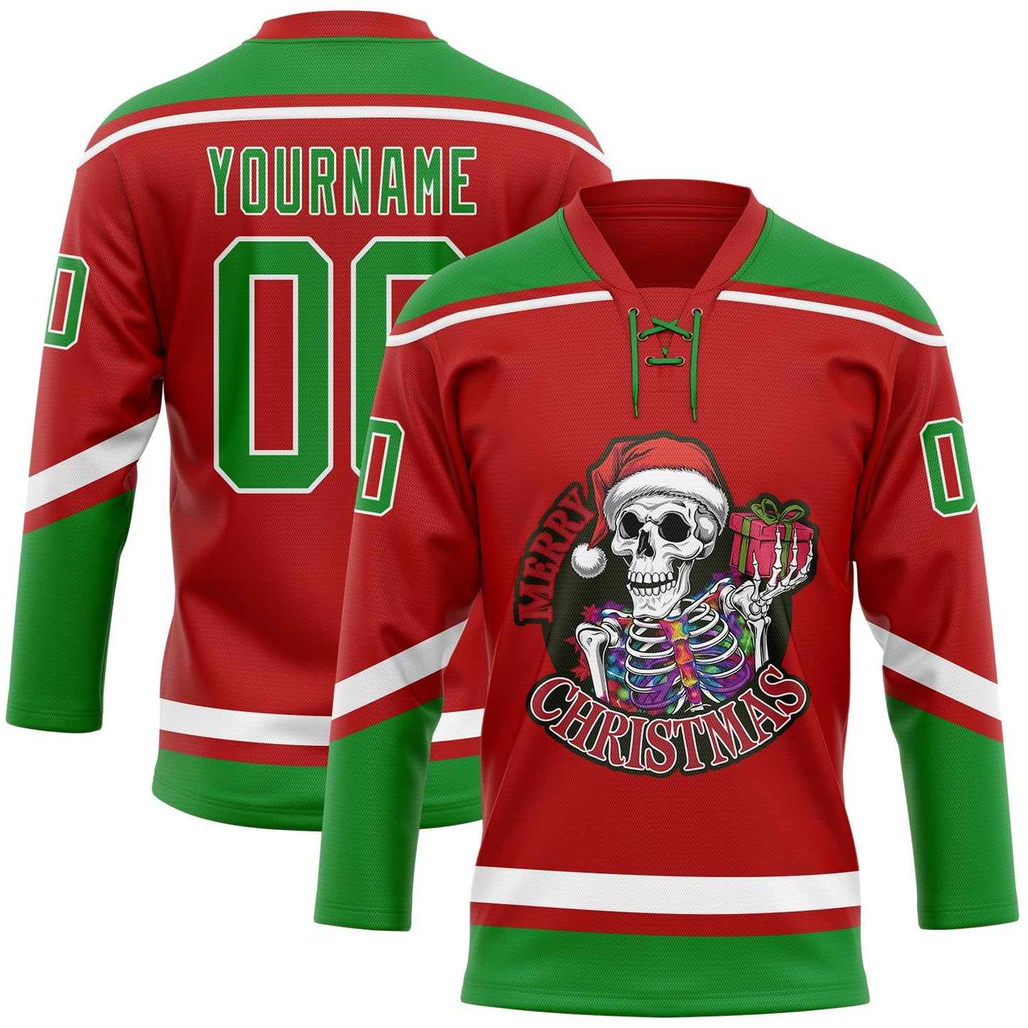 Custom Red Grass Green-White Funny Christmas 3D Hockey Lace Neck Jersey - Sky-Custom