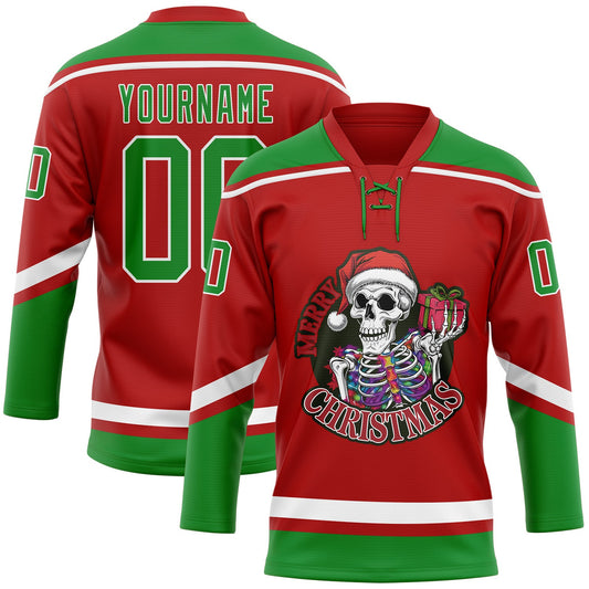 Custom Red Grass Green-White Funny Christmas 3D Hockey Lace Neck Jersey - Sky-Custom